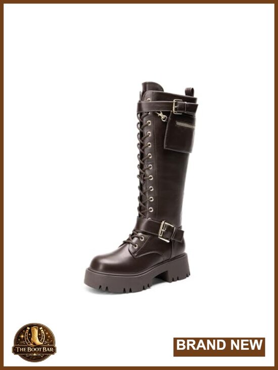 Shoes - Knee High Platform Combat Boots Faux Leather Lace Up